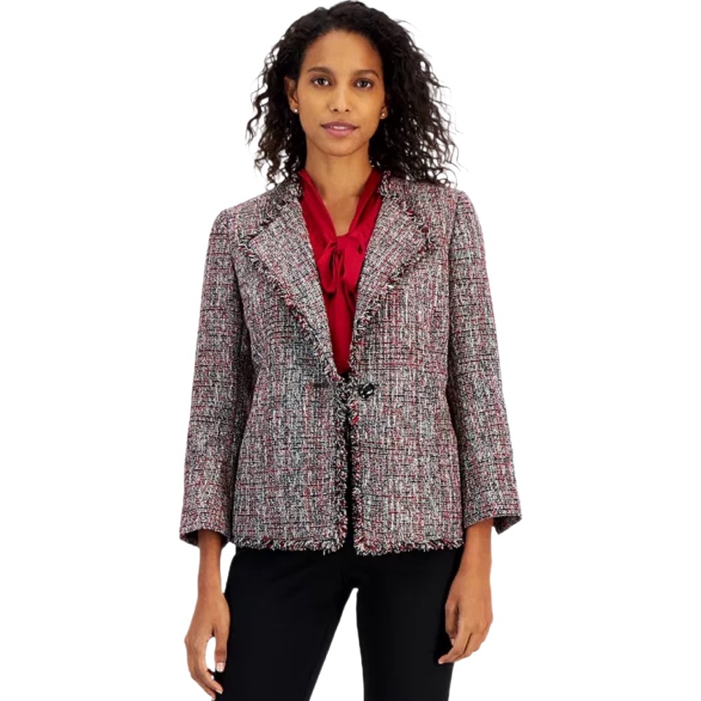 Kasper Women's One-Button Fringe Tweed Blazer, Regular & Petite NWT Red/Black - Picture 4 of 4